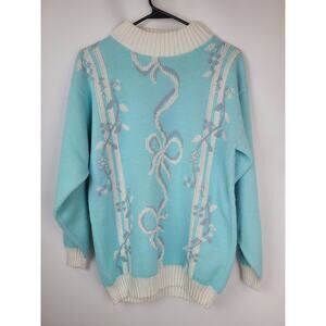 Grannycore Ugly Vintage Sweater Blue With Bow Accent Mock Neck Womens Small